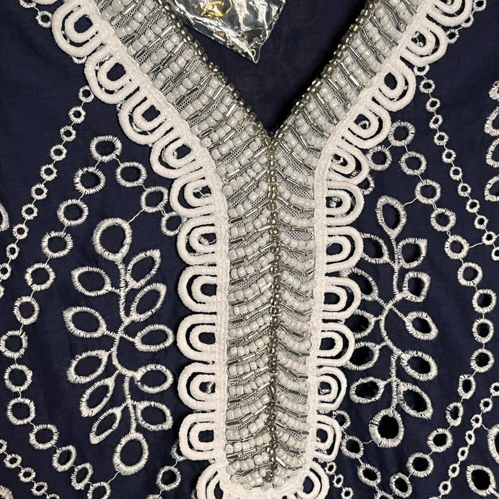NWOT BOSTON PROPER Navy and White Eyelet Beaded Embellished Tunic Top Size XS - Picture 5 of 7